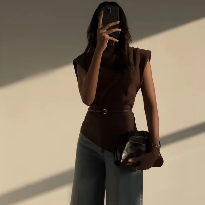 Sleeveless Cropped Top Pleated Round Neck Vest T-Shirt