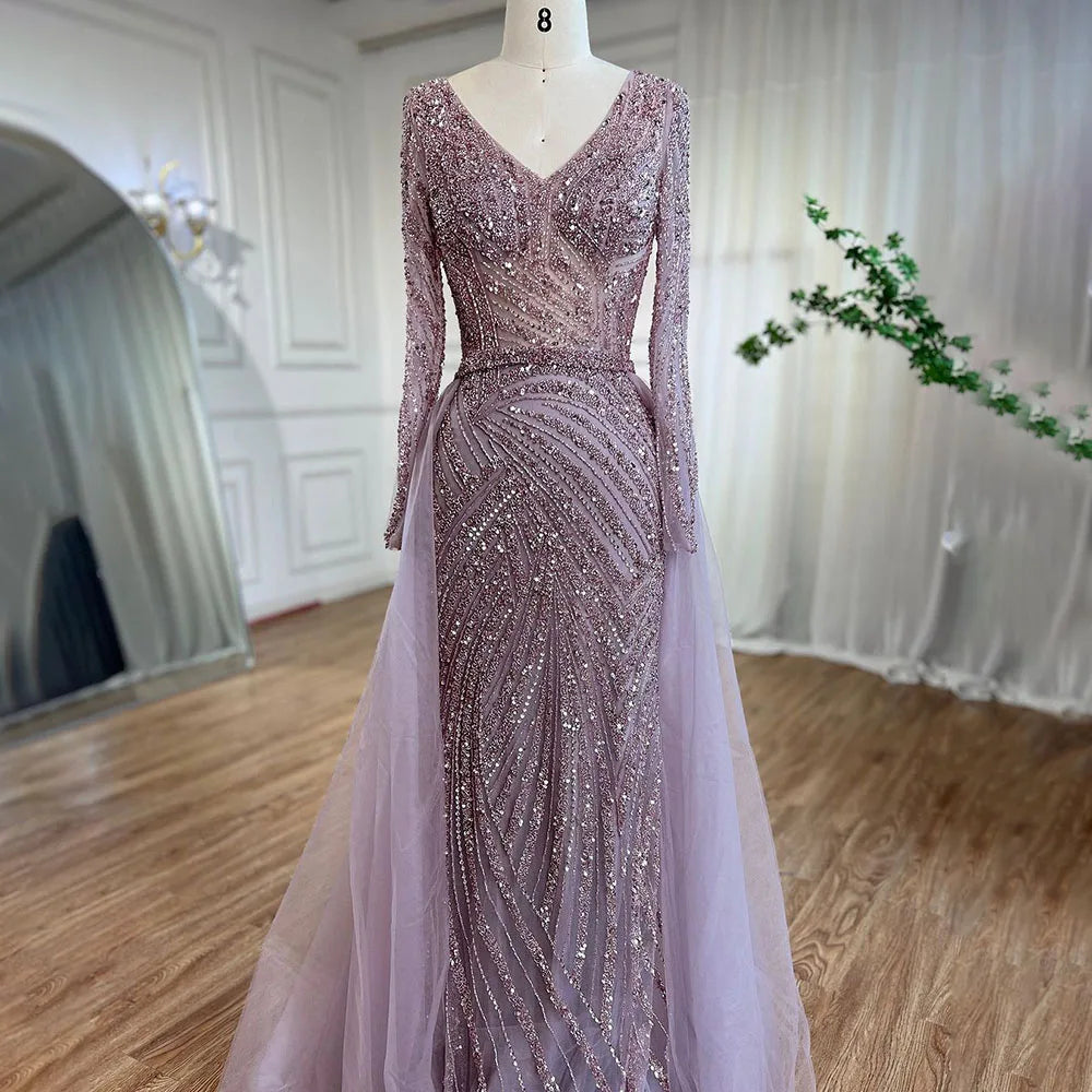 Blue Mermaid Beaded Long Sleeves Evening Gown