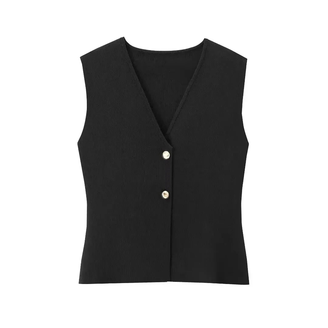 Button Knit Top Side Zipper Skirt Suit