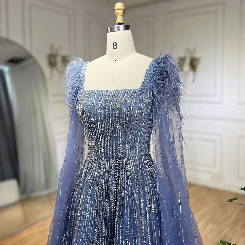 Cape Sleeves Feathers Beaded Evening Dresses