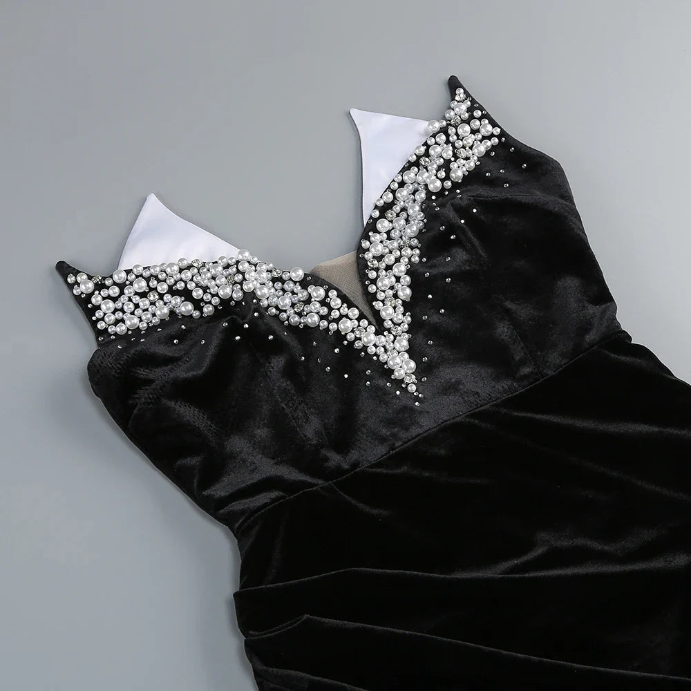 Strapless Pearl Diamond Black Velvet Beaded Maxi Dress