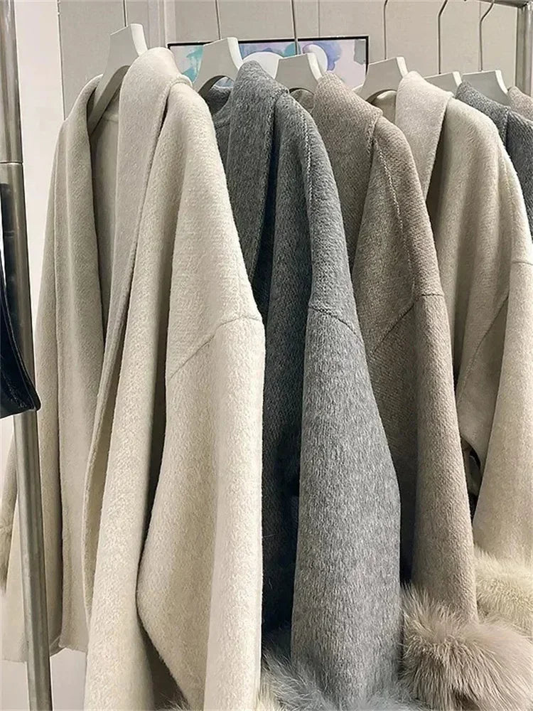 Lace-Up Fur Fluffy Lapel Long Sleeve Overcoat