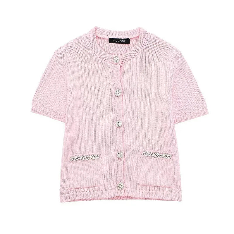 Women's Pink Short Sleeve Rhinestone Cardigan