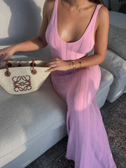 Knit Ribbed Open Back Solid Long Dress