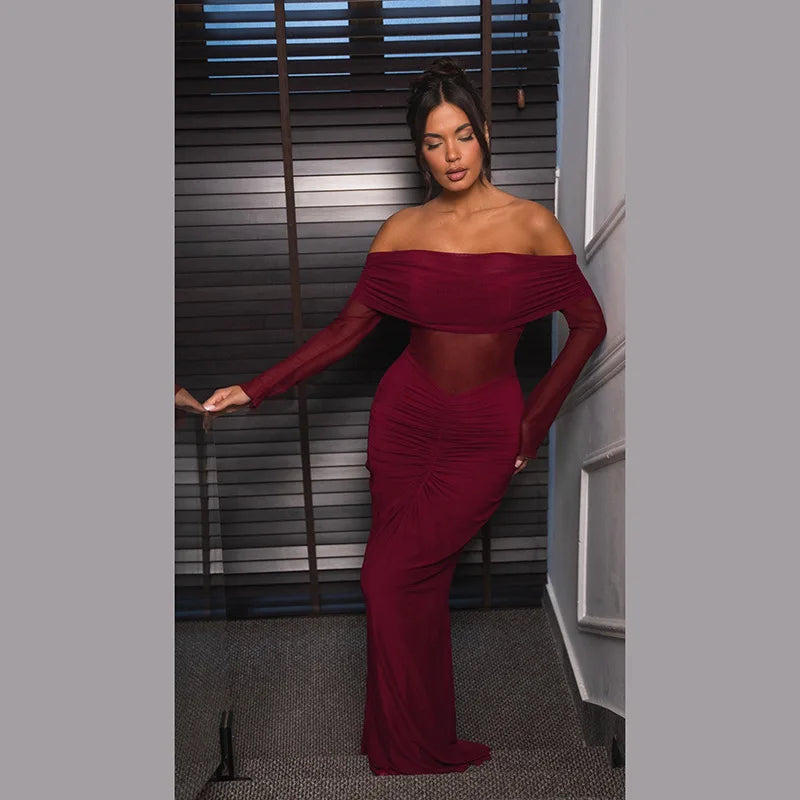 Elegant Backless High Waist  Mesh Patchwork Maxi Dress