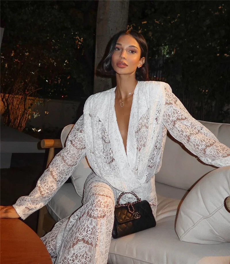 White Lace Two-Piece Loose Trouser Set