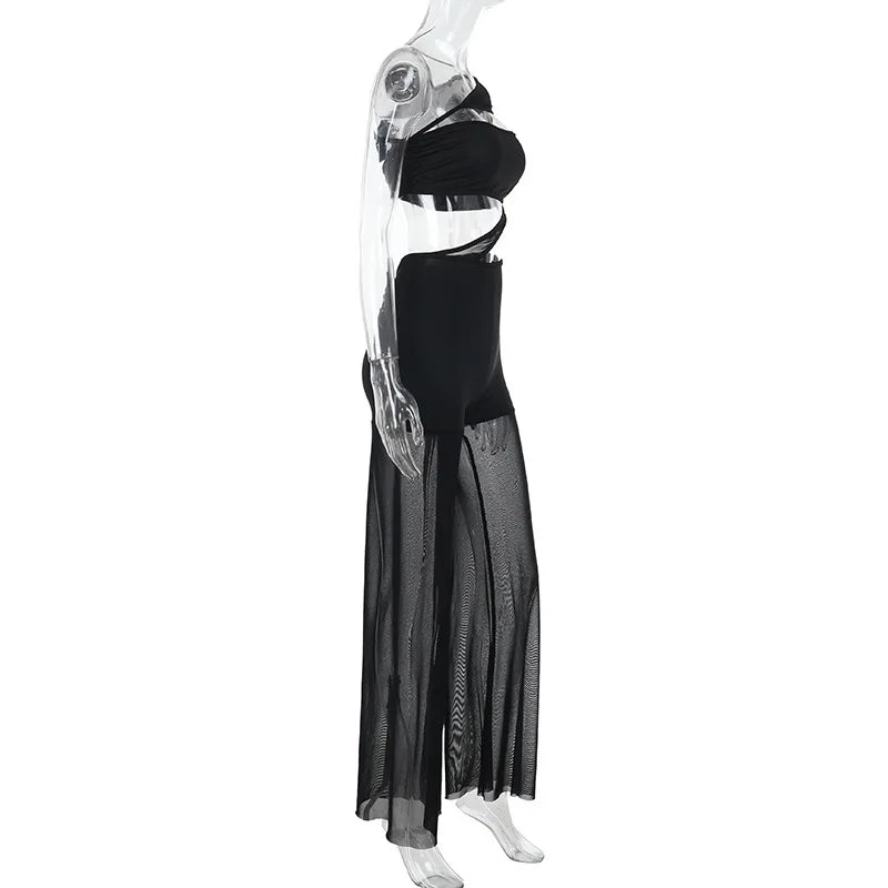 Mesh Patchwork One Piece Wide Leg Pants Jumpsuit