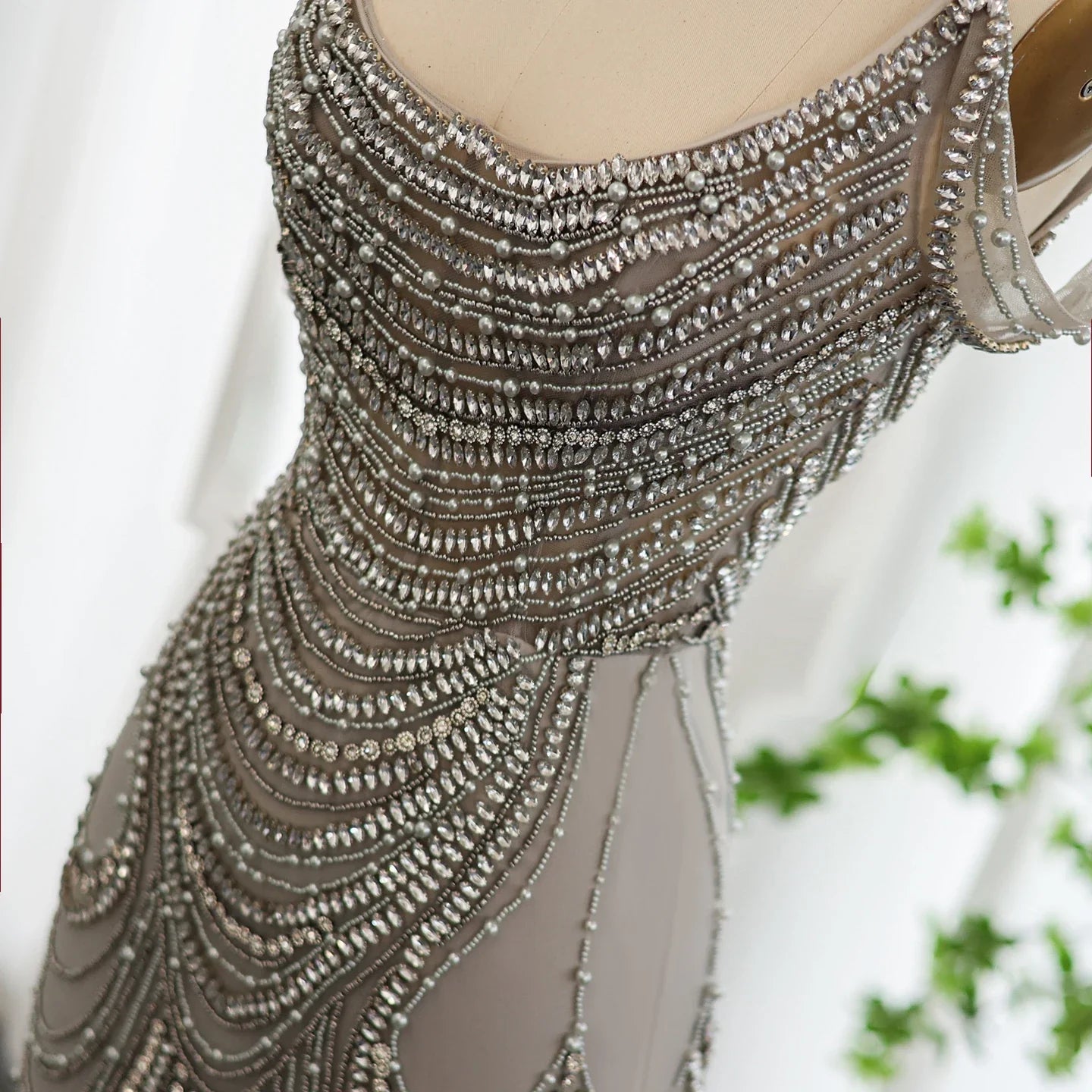 Silver Gray Crystal Mermaid Evening Gown