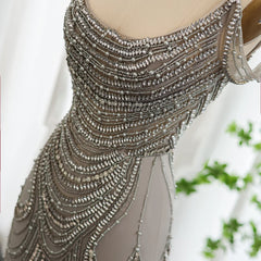 Silver Gray Crystal Mermaid Evening Gown