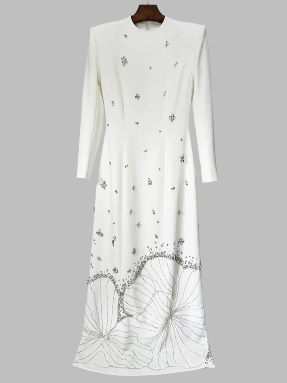 White Beads Diamond Long Sleeve Maxi Dress