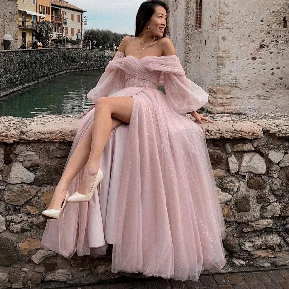 Off The Shoulder Long Puff Sleeve Slit Prom Dress