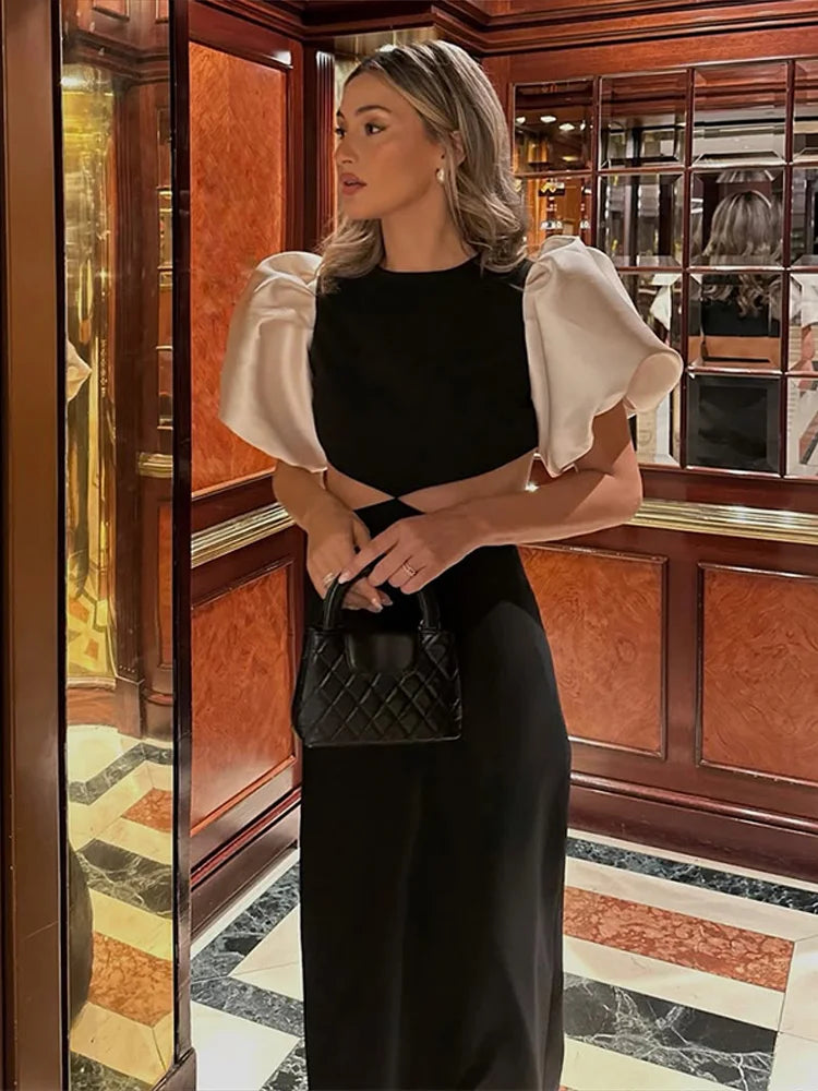 Patchwork Puff Sleeve Hollow Out Long Dress