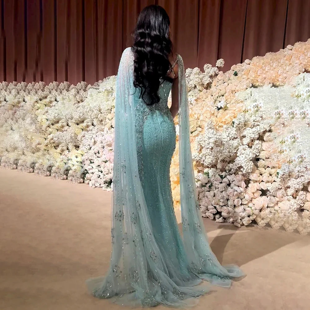 Aqua Mermaid Evening Gown with Cape Sleeves