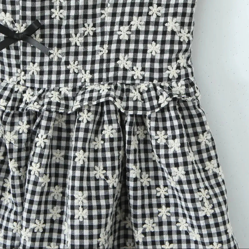 Gray Embroidery White Flower Bow Halter Mini Dress