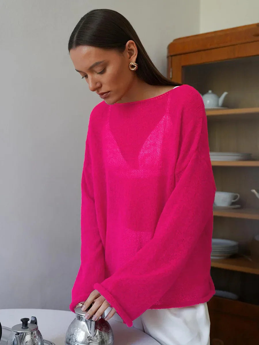 Hollow Solid See-through Long Sleeve Knitted Top