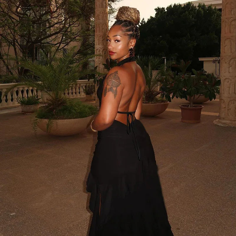 Black Deep Neck Open Back  Ruffled Maxi Dress