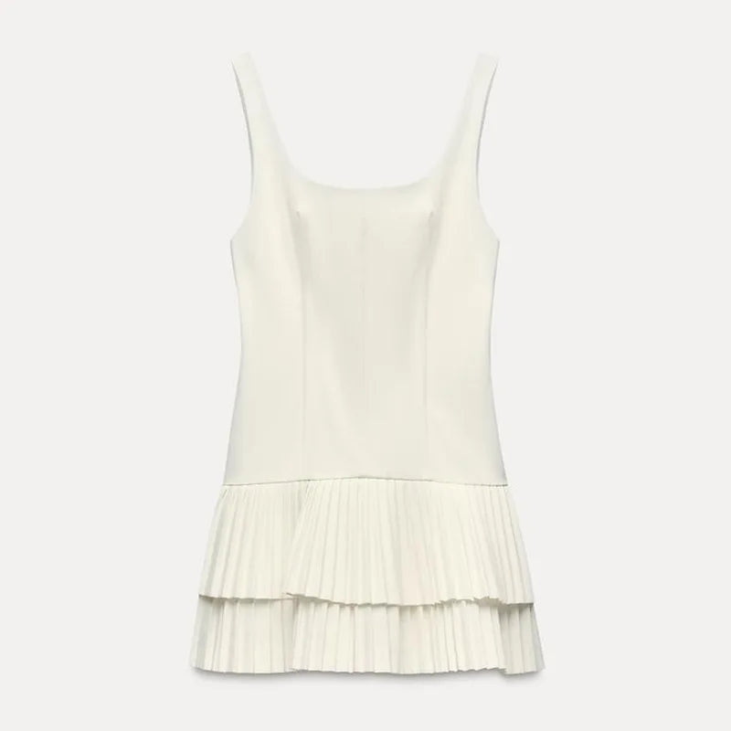 Square Collar Sleeveless Pleated Short Dress