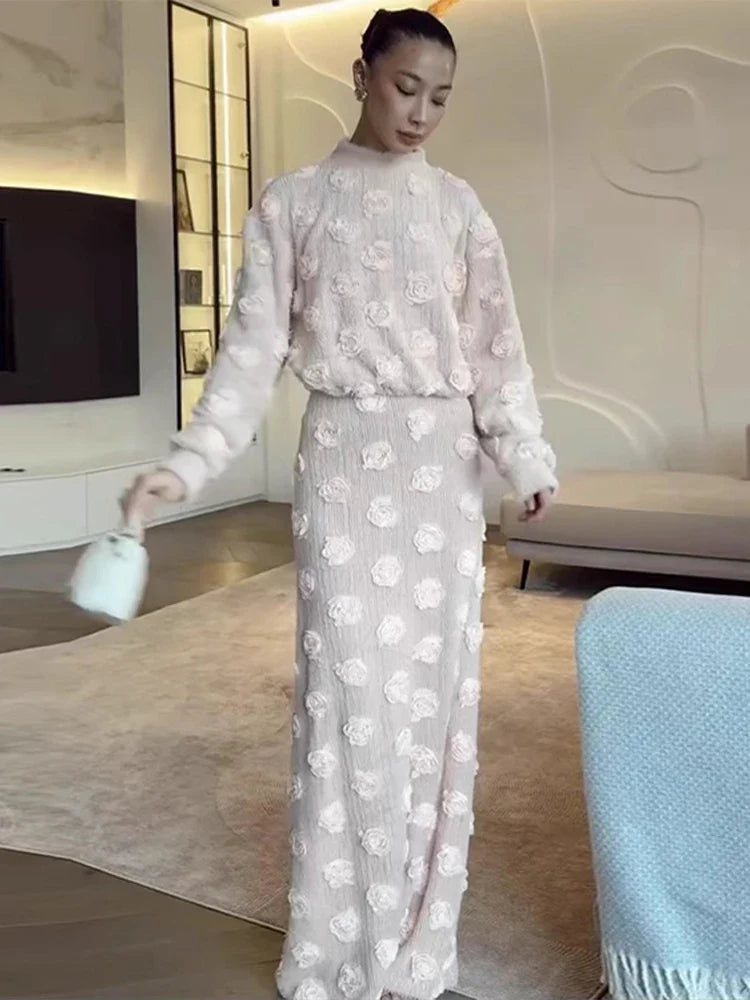 Knitting 3D Flower Lantern Sleeve Top and Long Skirt Suit