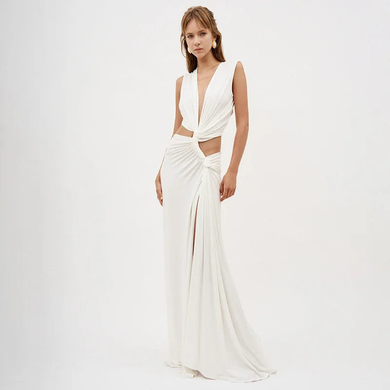 Deep V Cut Out Slit Asymmetrical Long Dress