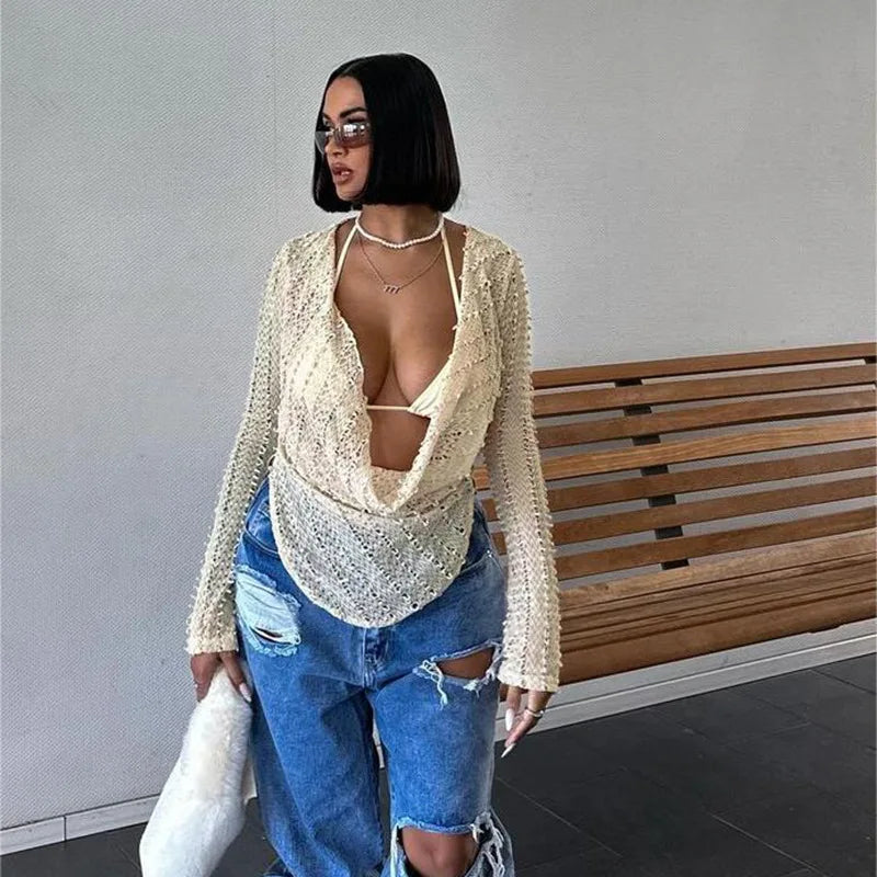 White Deep Cowl Neck Long Sleeve Top