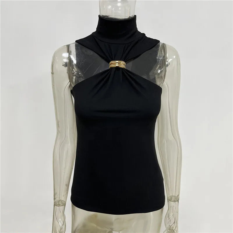 Turtleneck Metal Ring Knitted Tops