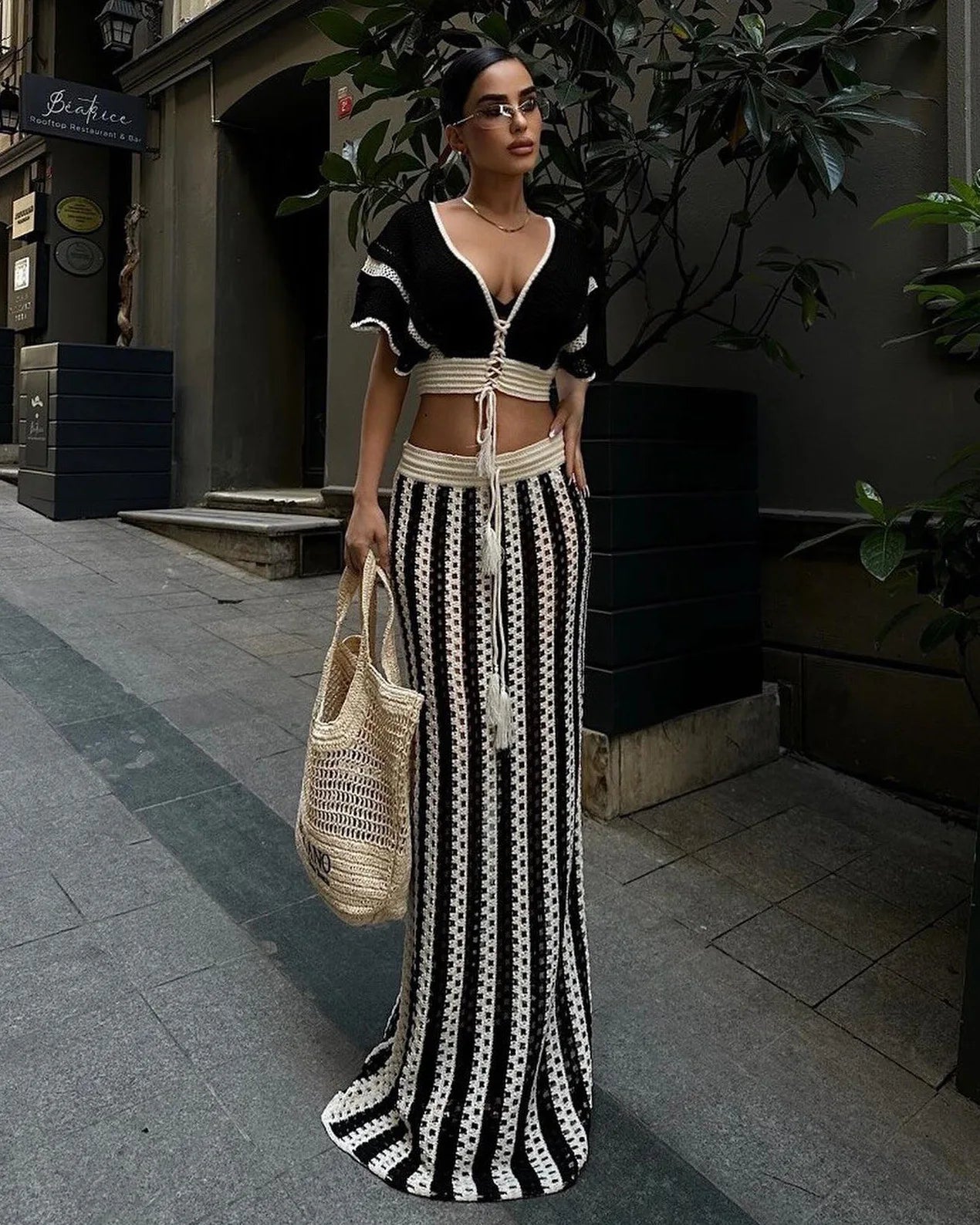 Striped Knitted Top and Long Skirt Set