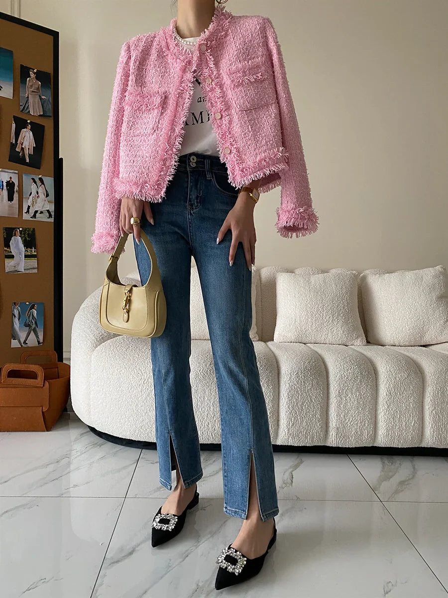 Pink Fringe Fur Shoulder Pad Tweed Blazer