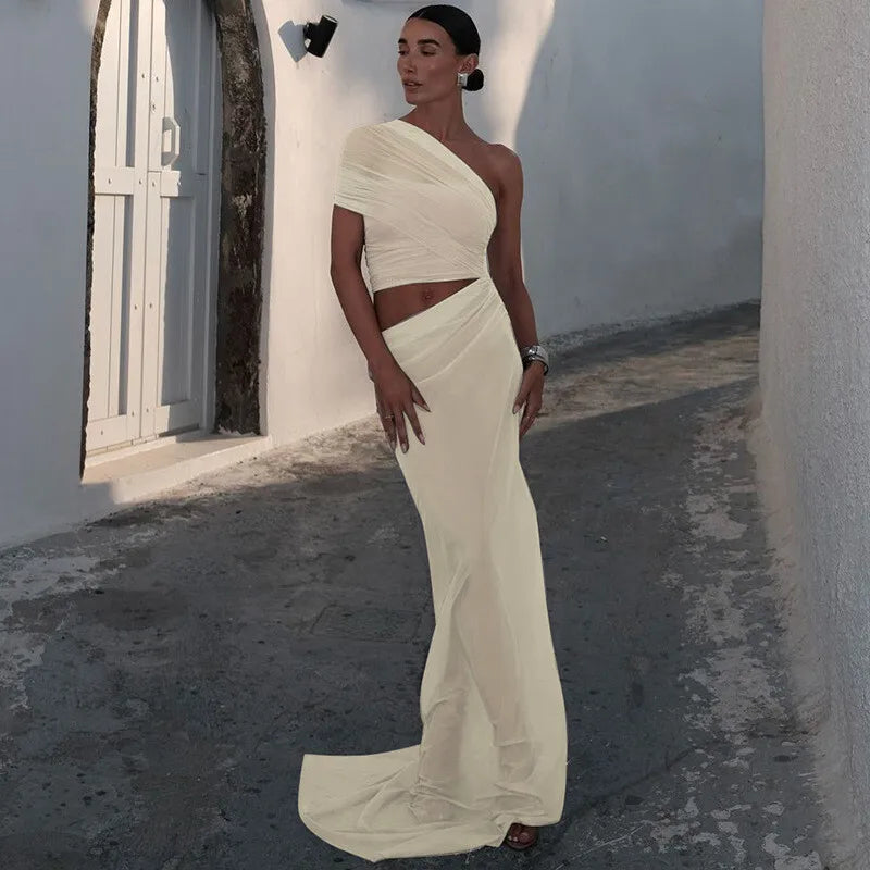 Mesh Backless One-Shoulder Long Dress