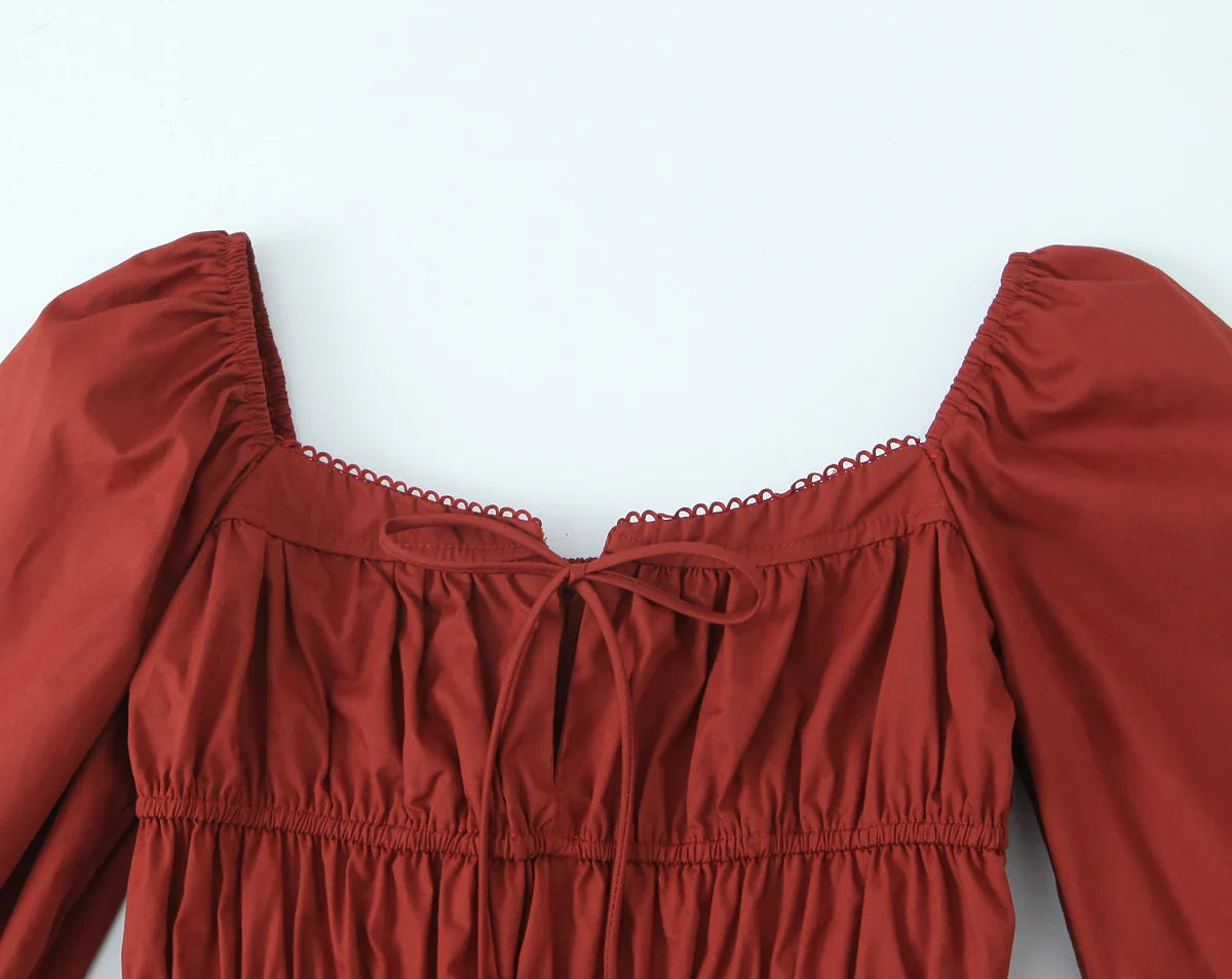Bow Square Collar Puff Long Sleeve Elastic Waist Mini Dress