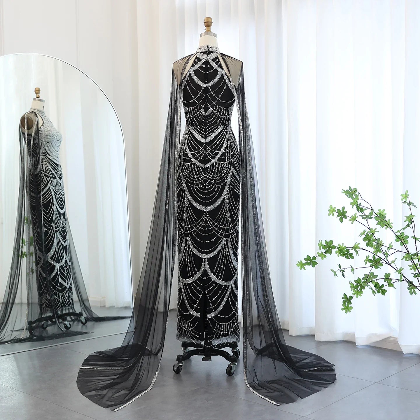 Black Evening Gown with Cape Sleeves