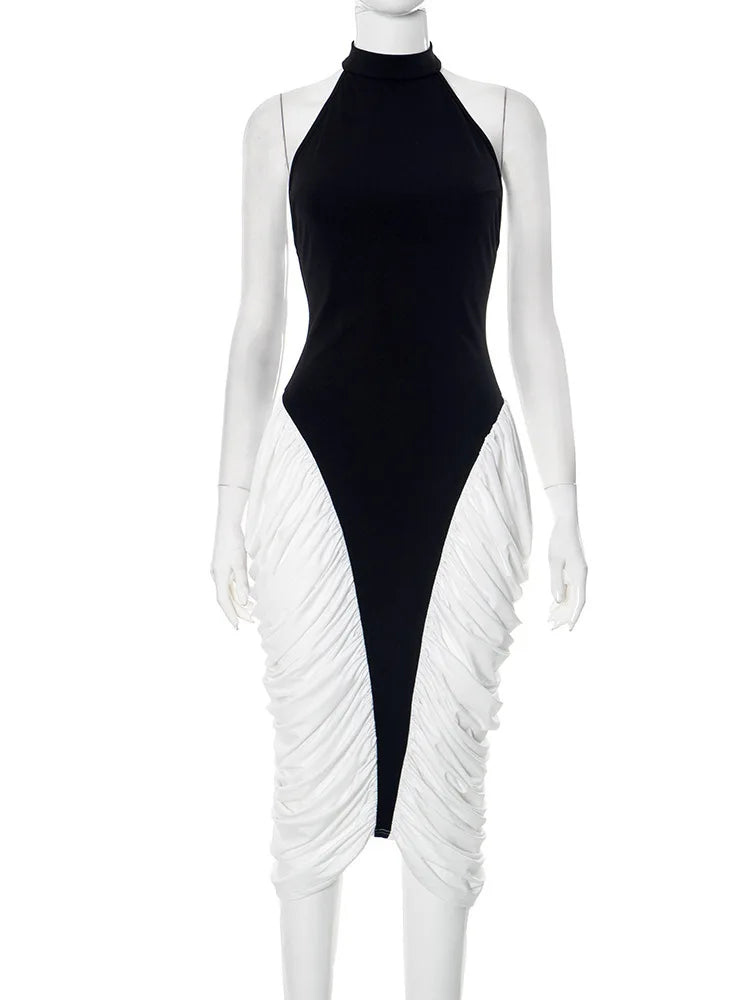 Patchwork Halter Backless Contrast Pleated Midi Dress
