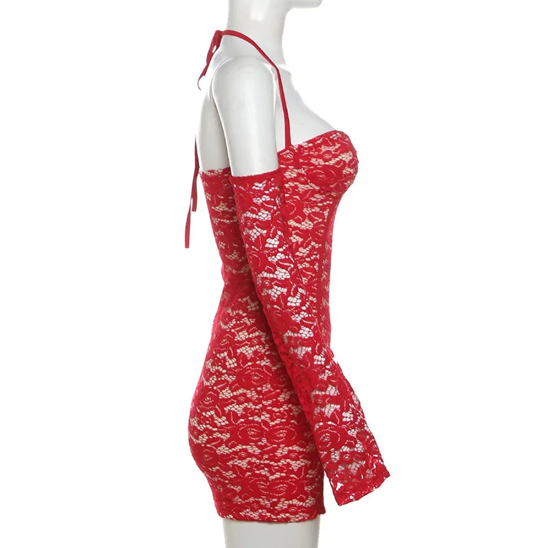 Red Lace Off-shoulder Bodycon Mini Dress