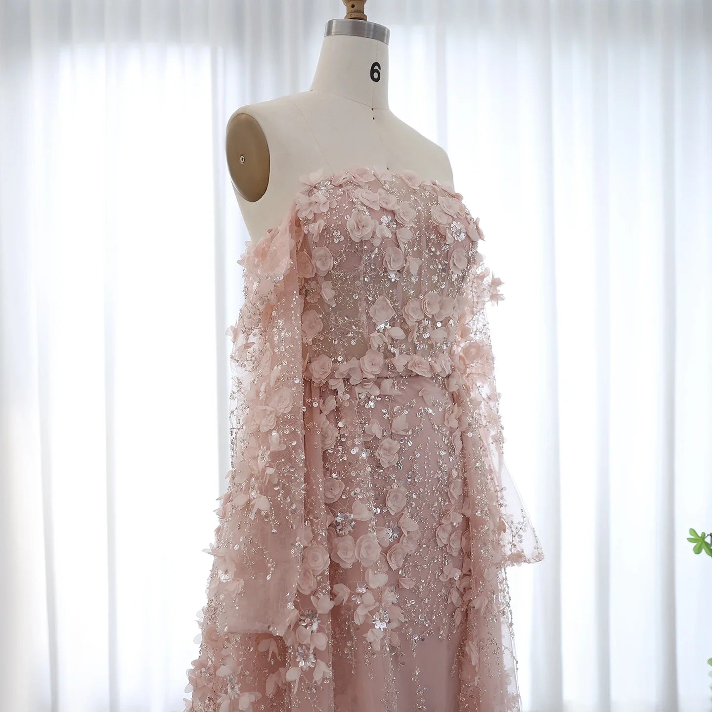 3D Floral Pink Evening Gown with Overskirt