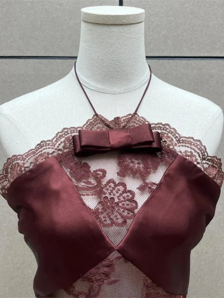 Halter Neck Bowknot Lace Patchwork Long Dress