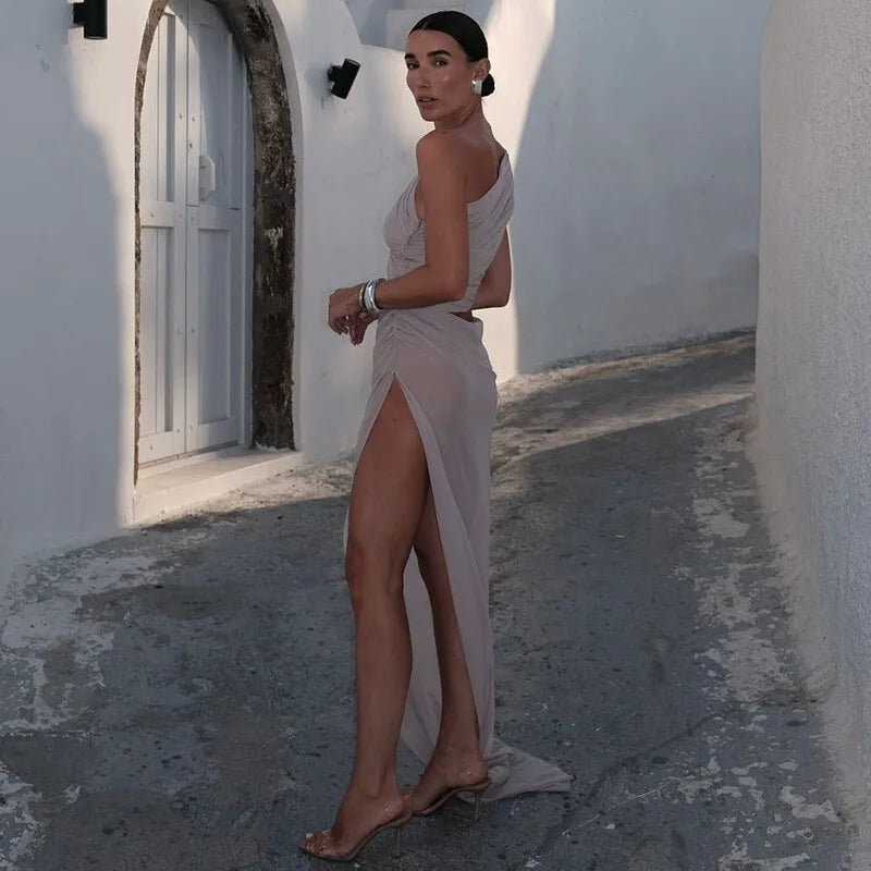 Mesh Backless One-Shoulder Long Dress