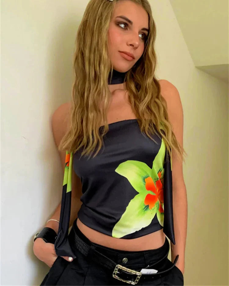 Ribbon Sleeveless Backless Floral Print Top