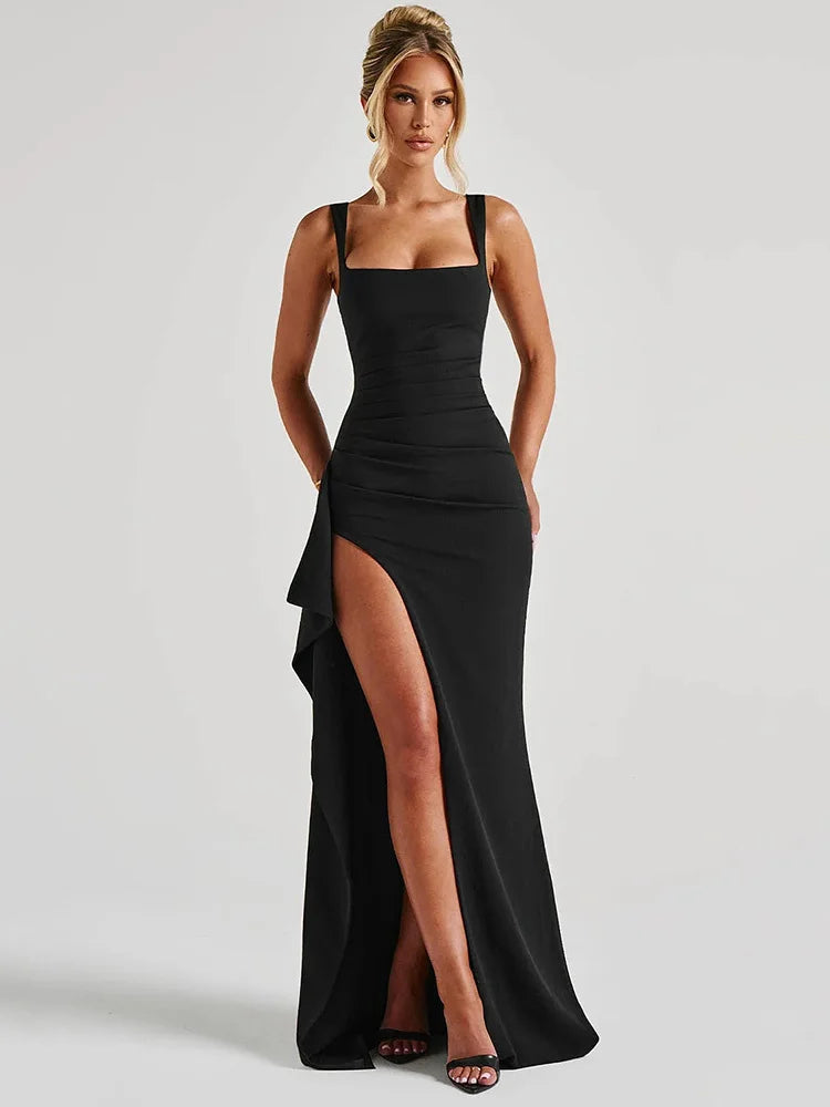 black thigh split maxi dress Kate | Black Square Neck Maxi Dress with Plunge Back and Side Thigh Sp Club L London