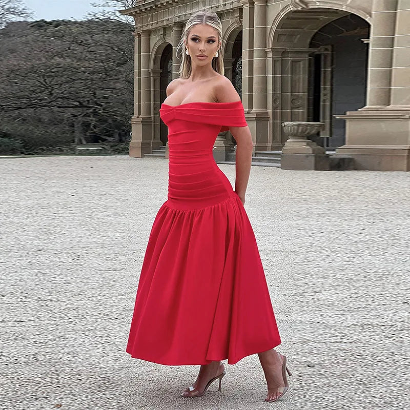 Slash Neck Off Shoulder Solid Dress