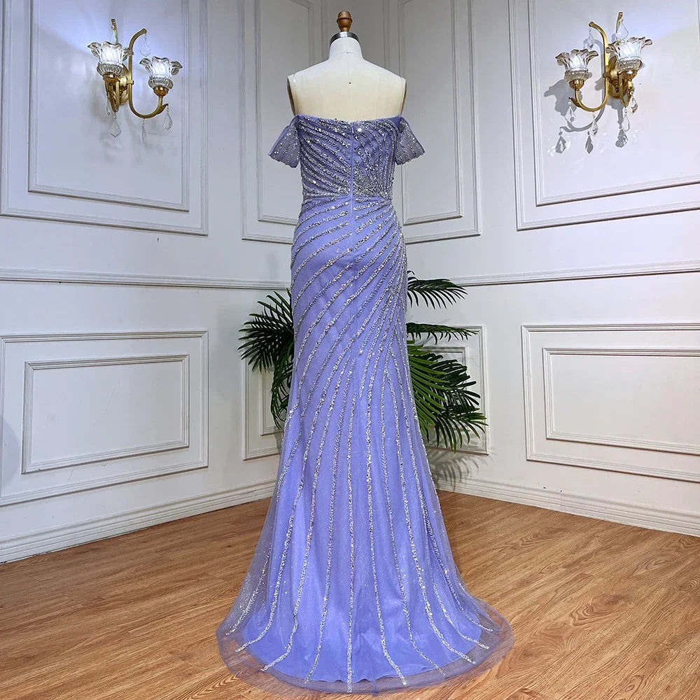 Boat Neck Split Mermaid Elegant Beaded Gowns