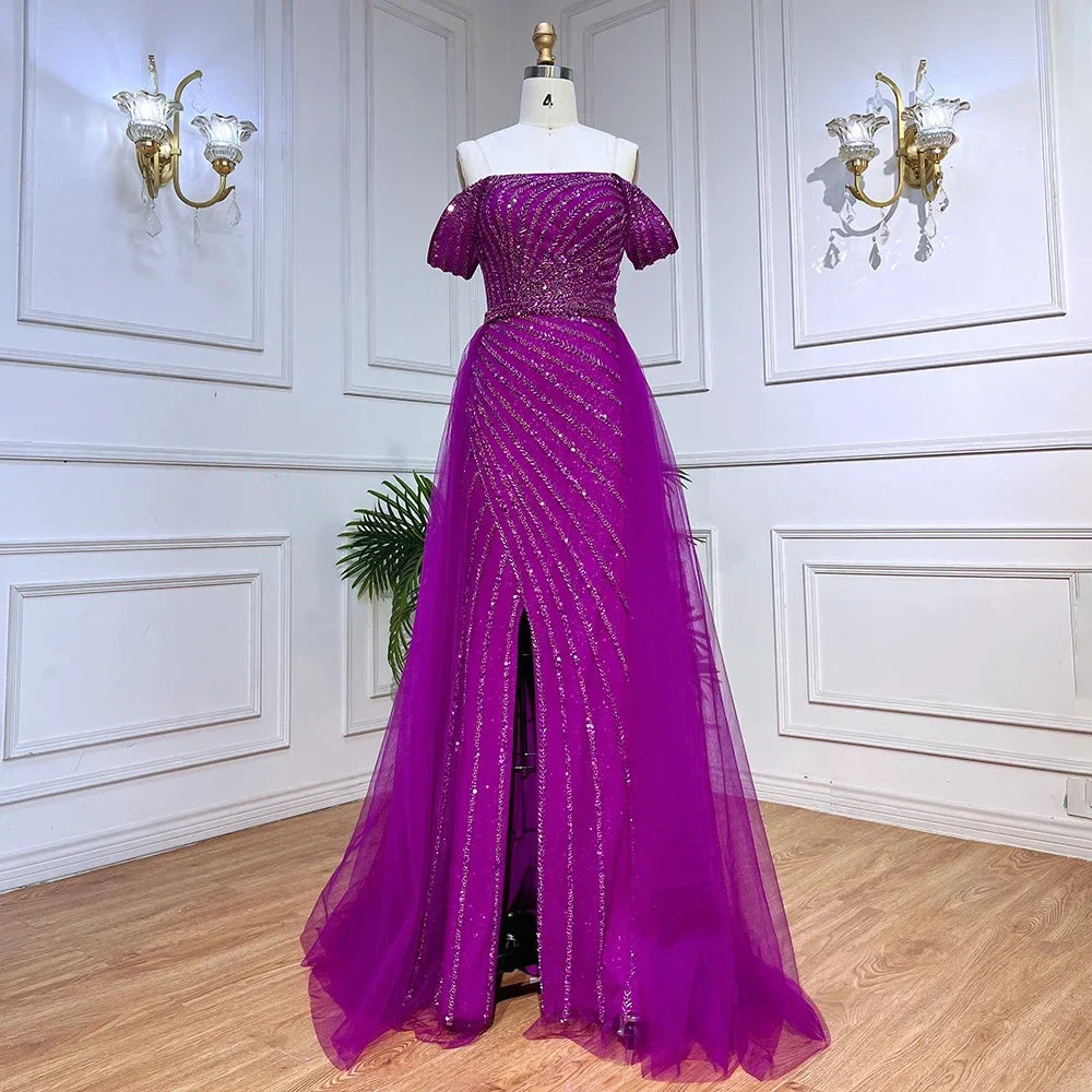 Boat Neck Split Mermaid Elegant Beaded Gowns