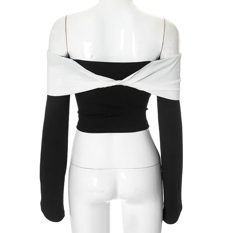 Off-Shoulder Patchwork Contrast Cropped Top