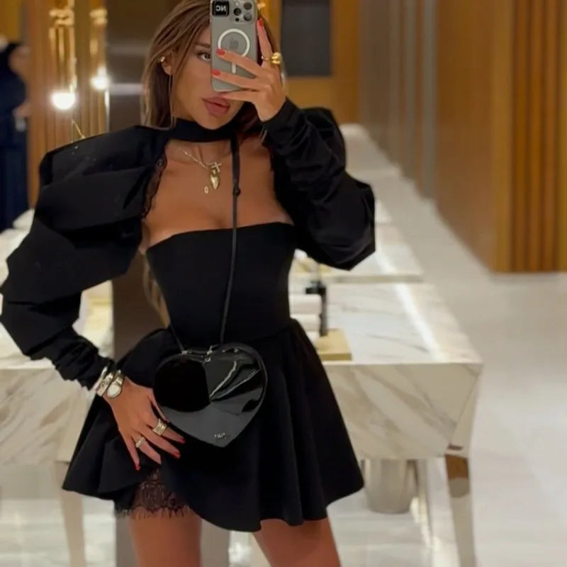 Puff Long-sleeved Black Mini Dress