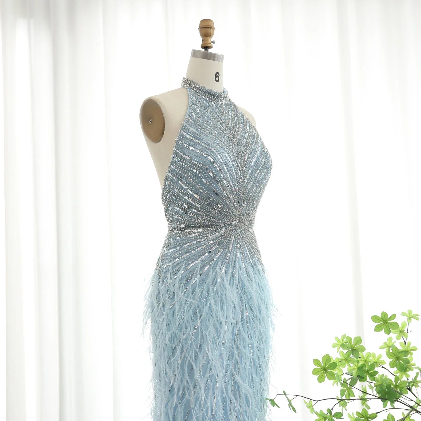 Beaded Feathers Mermaid Halter Backless Gown