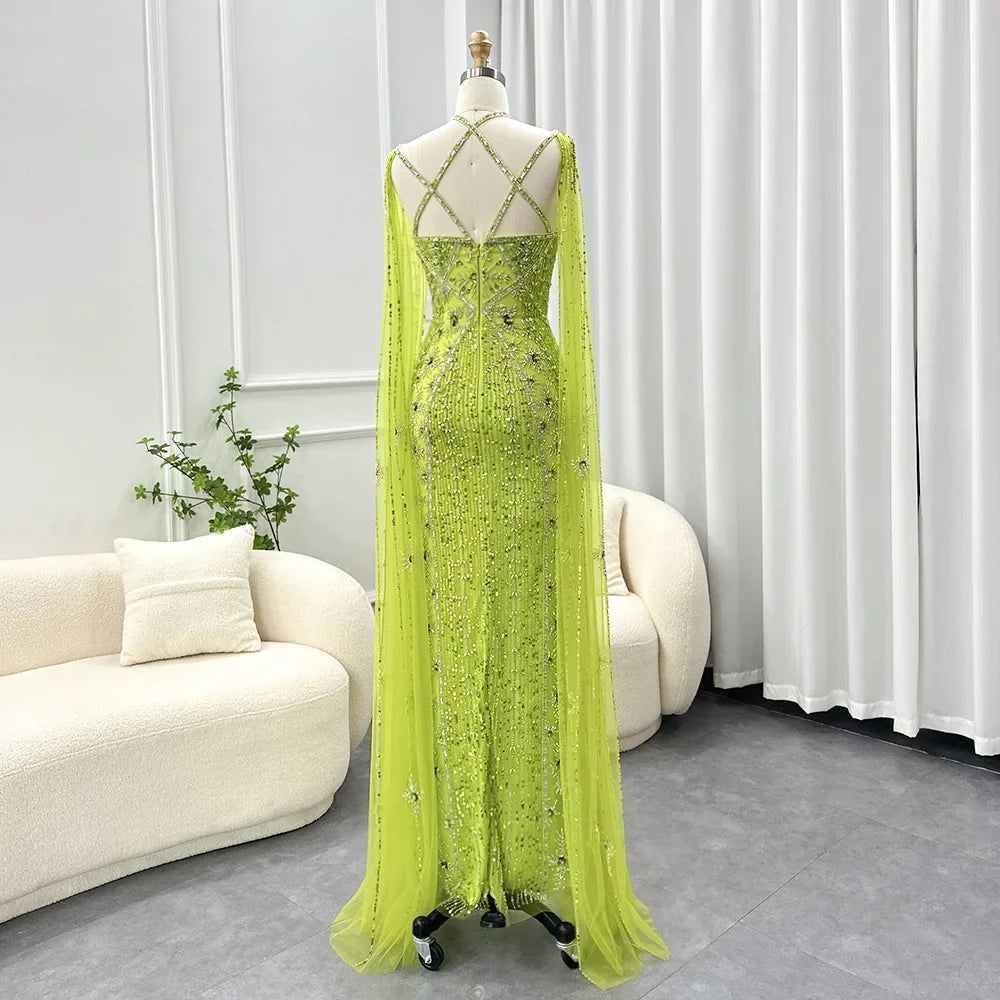 Aqua Mermaid Evening Gown with Cape Sleeves