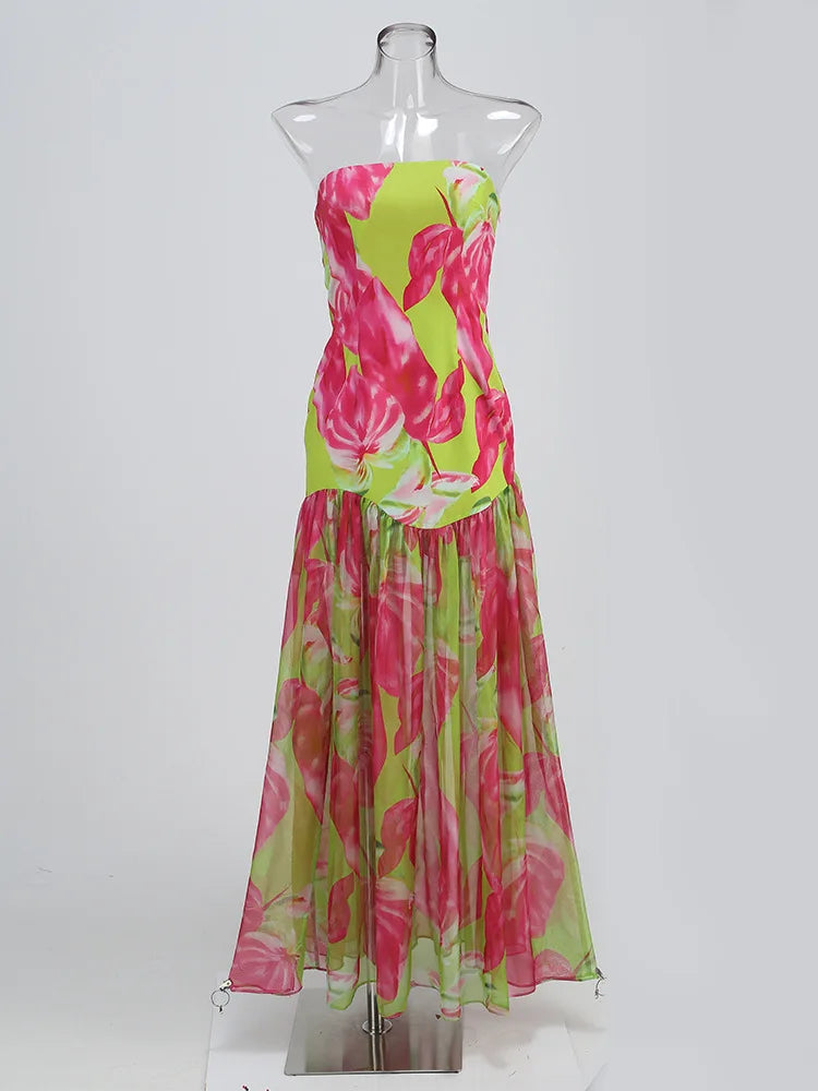 Strapless Retro Print Split Long Dress