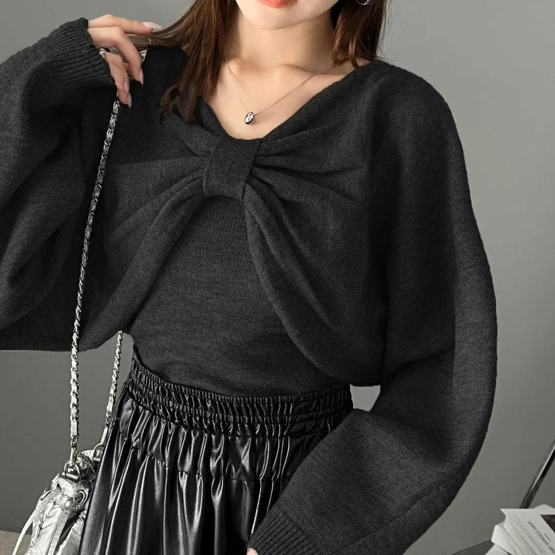 Bow Knit Top and Sweater Suspender Two-piece Set