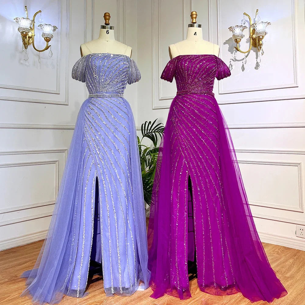 Boat Neck Split Mermaid Elegant Beaded Gowns