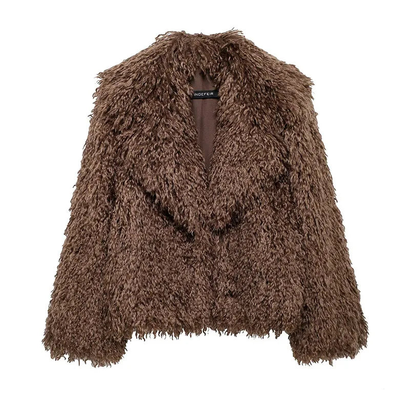 Turn Down Collar Faux Fur Coat