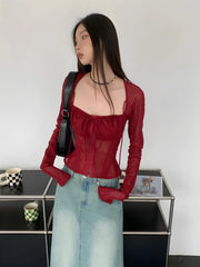 Top fruncido con encaje transparente