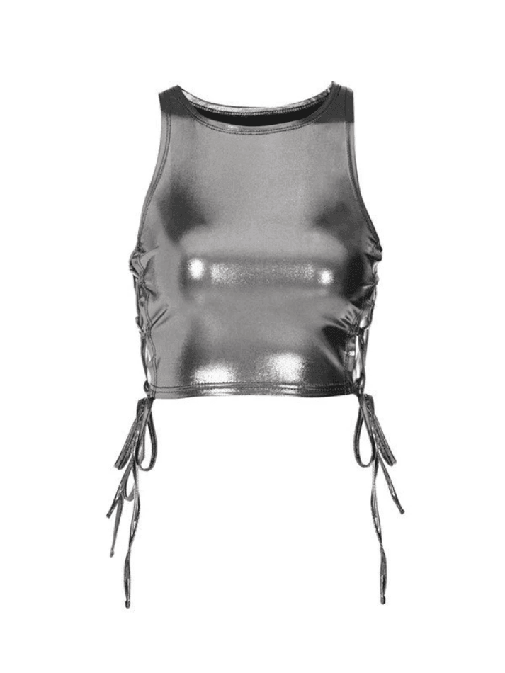 Kurzes Tanktop in Metallic-Optik mit seitlicher Schnürung